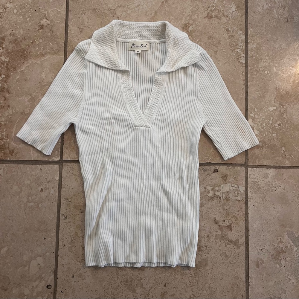 White Ribbed Knit Top with Collar